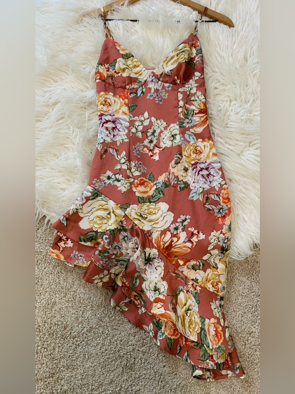 Superdown Lilia Asymmetrical Ruffle Dress Nude Floral Multicolor Size XXS